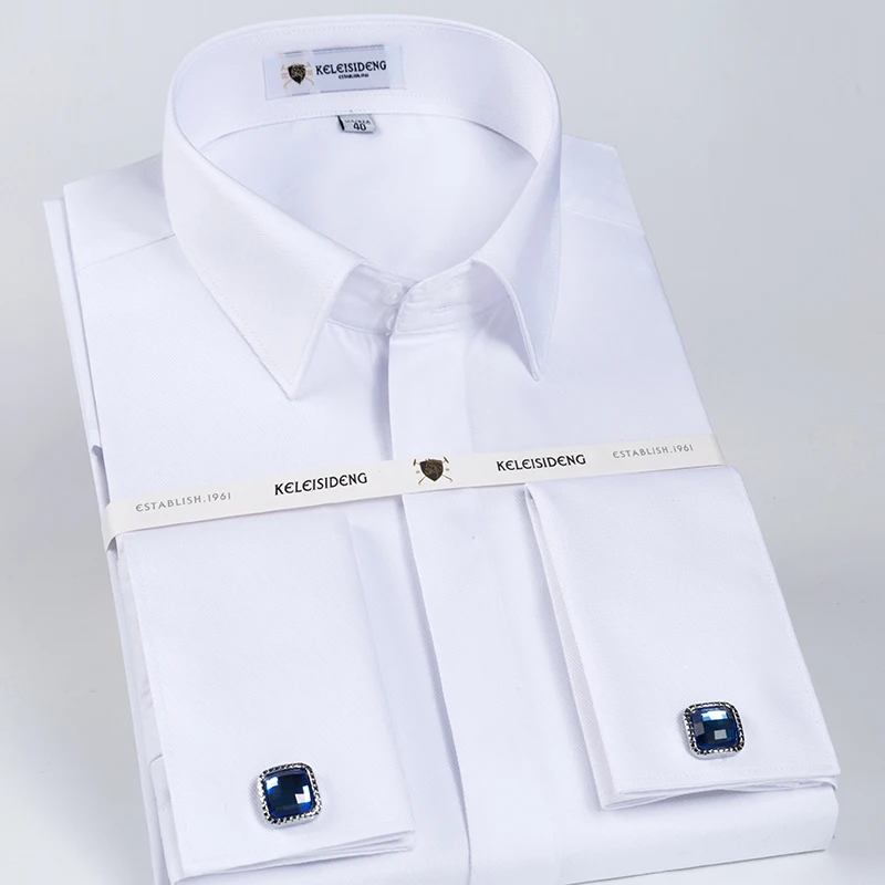 Vente Homme Uni Blanc Slim Fit Manchette Française Sergé Robe Chemise avec Boutonnage Recouverte Formelle À Manches Longues Top Chemises (boutons de manchette Inclus)