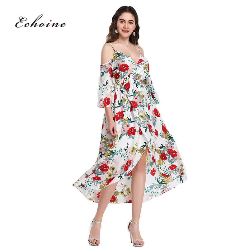 

Echoine Summer Chiffon Dress Women Floral Print Sexy Spaghetti Straps Off Shoulder Loose High Split Elegant Swing Vestido Clothe