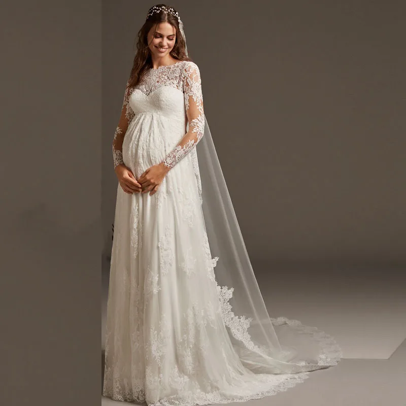 

Eightree Aline Women Pregnant Wedding Dress O Neck Long Sleeves Bridal Gowns With Free Veil Backless Robe Court Train Plus Size