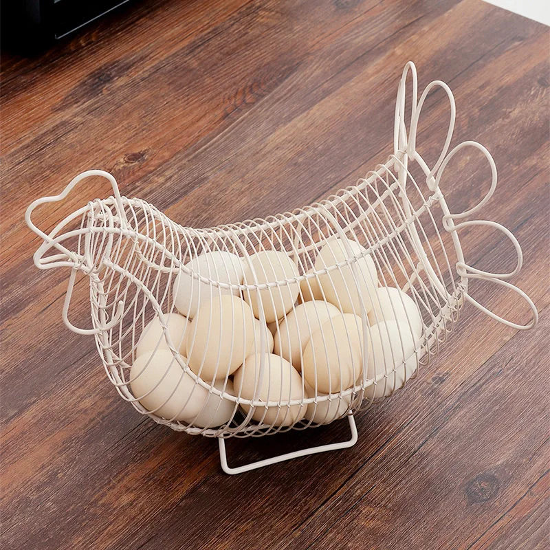 Chicken Design Egg Basket White Metal Wire Quail Egg Storage Container Vintage Farmhouse Kitchen Food Fruit Storage Basket