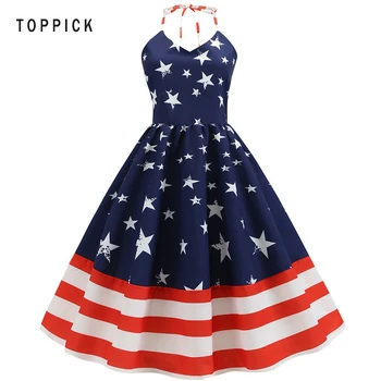 

Summer Pentagram Stitching Halter Print Party Dress Sleeveless Robe Vintage Pin Up Swing Rockabilly Independence Day Dresses