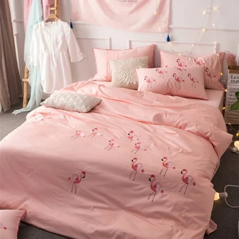 

60S Egyptian Cotton Cartoon Flamingo Embroidery Pink Embroidered Bedding Set Princess Grils Duvet Cover Sheet 4pcs Sets