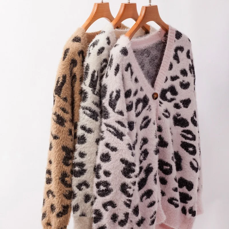 3 цвета Леопардовый принт женские шерстяные кофты осень зима вязаный Повседневный женский кардиган женский свободный кардиган пальто