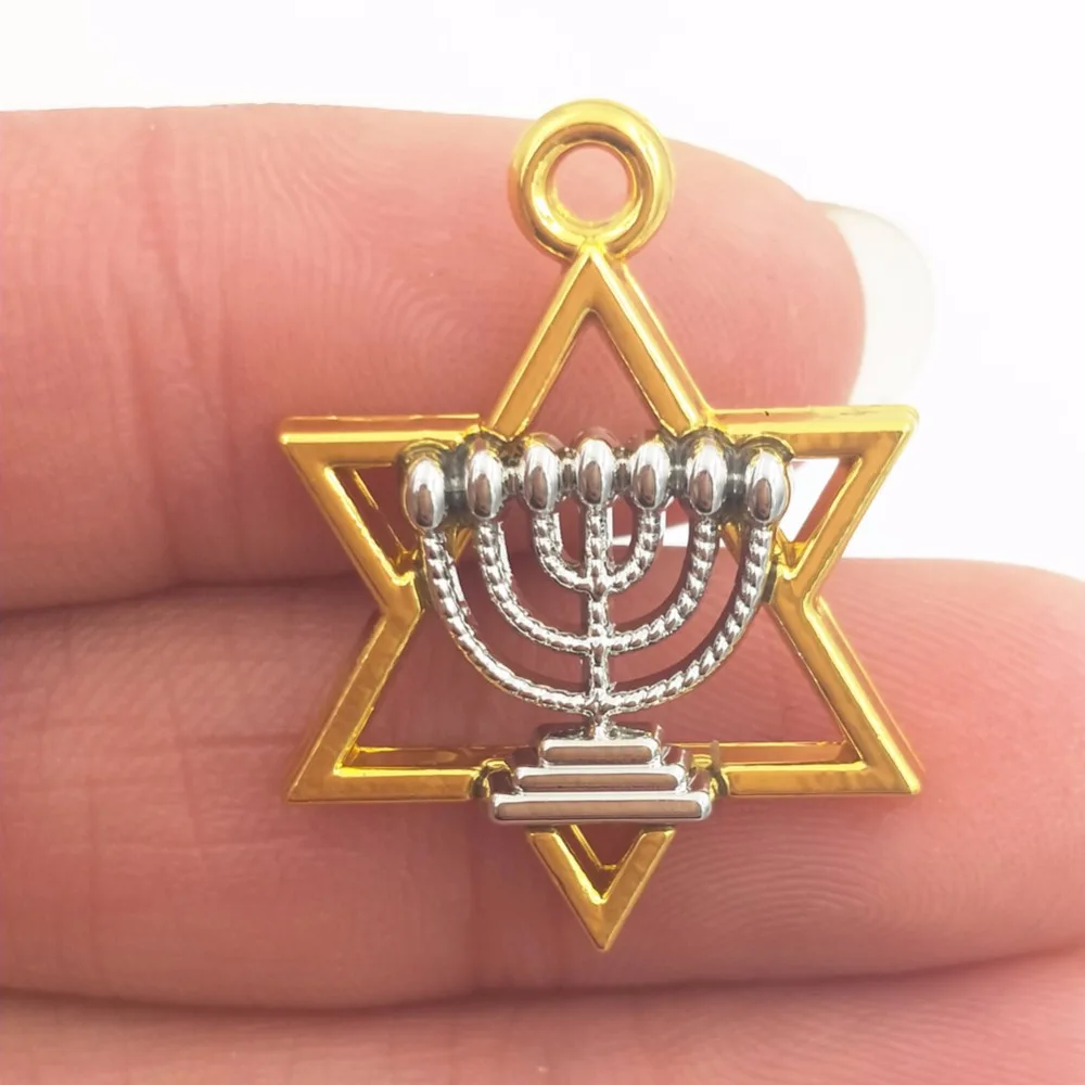 BULK 30pcs Alloy Metal Rhodium Plated Star of David with Menorah Charms