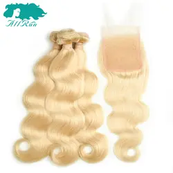 Allrun #613 Блондинка Перуанские Волосы тела Weave Связки с закрытием мед 100% человеческих волос 3 шт. Связки с 4*4 закрытия remy волосы