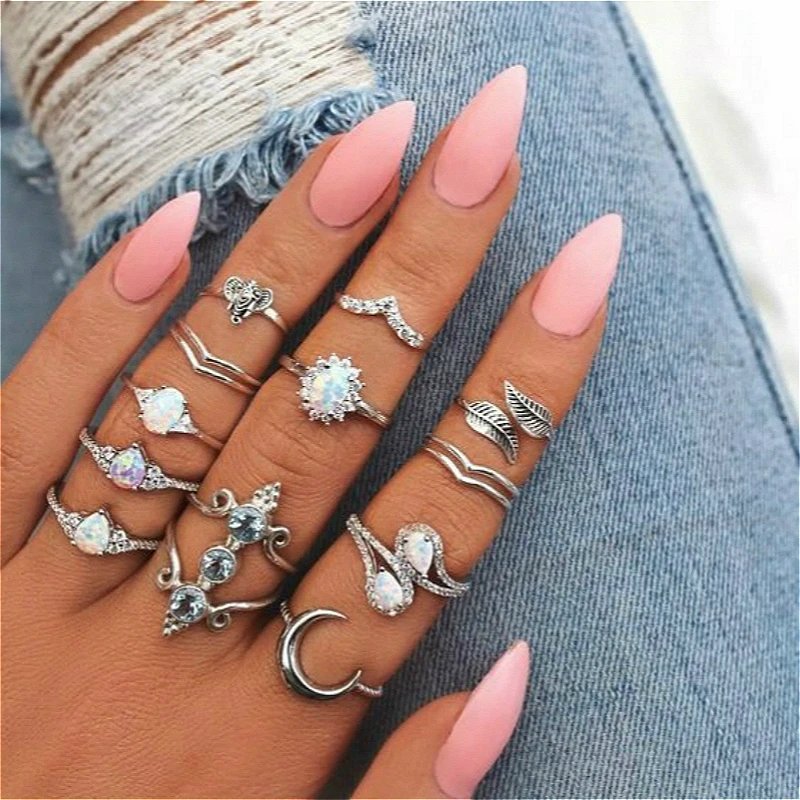 

13 Pcs / Set Vintage Articulation Handmade Elephant Opal Ring Set for Women Leaf Flower Heart Crown Rings Ethnic Boho Jewelry