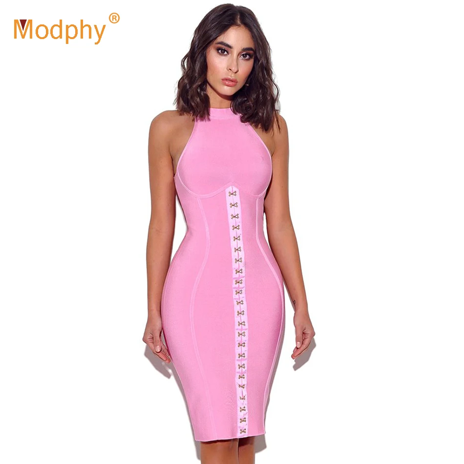 

New shelves 2019 summer pink women's bandage dress sleeveless metal buckle dress Bodycon Vestidos club celebrity party dress