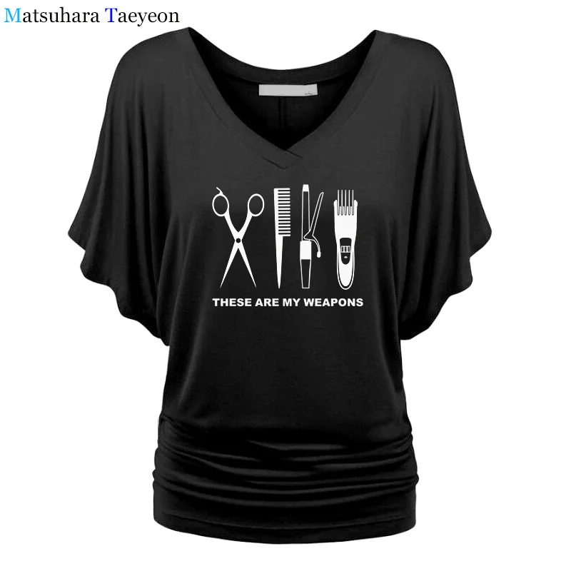 

Barber T Shirt Women Batwing Sleeve V-Neck Cotton Hairdresser Weapon T-shirt Girls Woman scissors Clothing Tops clothing
