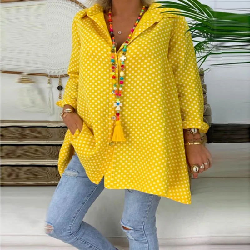 

2019 Women Polka Dot Casual Blouse V-Neck Button Loose Short Sleeve Shirt Elegant Plus Size Blusa