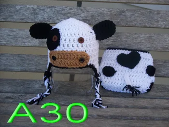 

free shipping,20set baby handmade crochet dairy cow hat with Diaper Cover/shorts for Newborn Photo Prop NB-3M 100% cotton