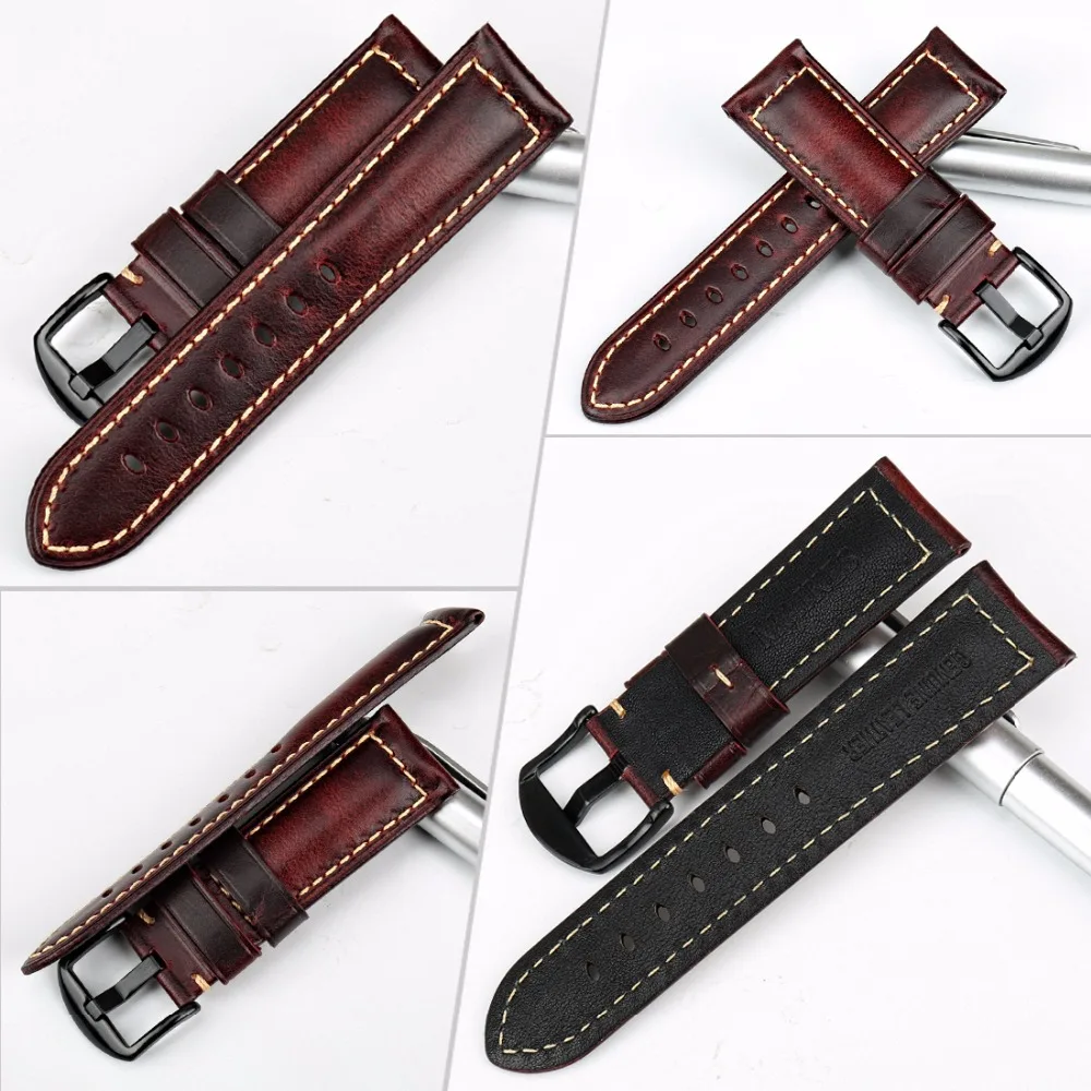 Cheap MAIKES Watch accessories fashion red watchband 20mm 22mm 24mm 26mm leather watch strap black buckle watch band for Panerai
