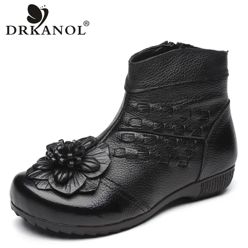 

DRKANOL 2018 Vintage Flower Real Genuine Leather Ankle Boots Women Flat Warm Cotton Shoes Thick Plush Women Winter Snow Boots