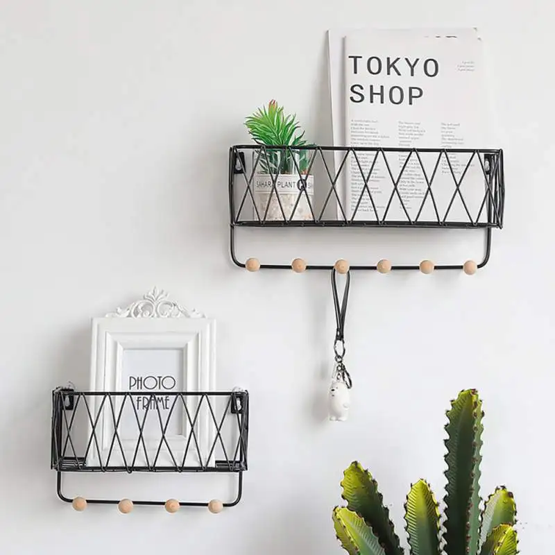 

Nordic Iron Art Grid Wall Hanging Shelf Creative Househld Wall Storage Rack with Hooks Door Key Holder To Install No Trace Nails
