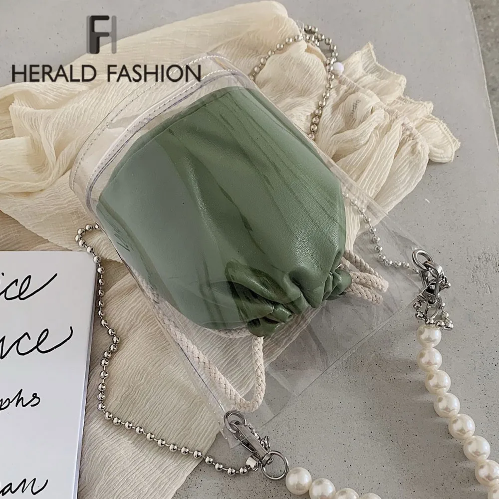 

Herald Fashion Women Pearl Transparent Composite Bag Quality PVC Chain Beach Female Bucket Shoulder Bag Ladies' Messenger Bags