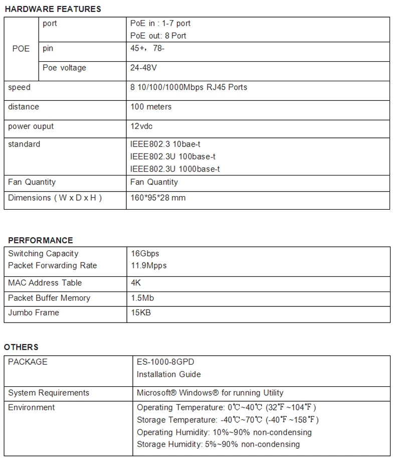 8 портов 10/100/1000 м обратное POE Питание переключатель с 2 SFP с fiexed vlan в том числе IP65 Пластик чехол Защита от влаги