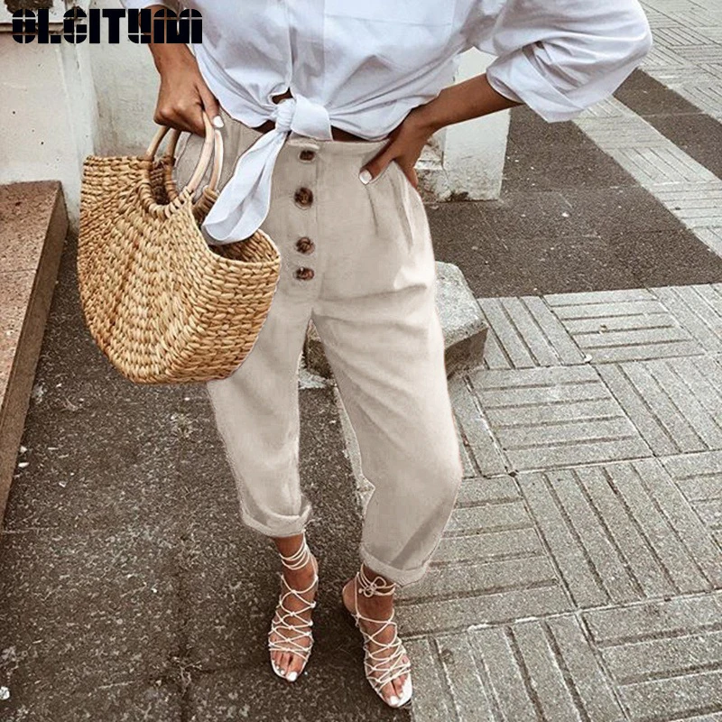 

Pants Women Fashion High Waist Solid Pencil Pants Ankle Length Trousers Female Sweatpant Vintage Button Stretch Plus Size PT365
