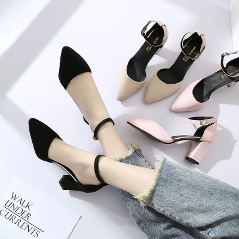 

Summer 2019 new wild thick with pointed word buckle Roman baotou shoes female middle with