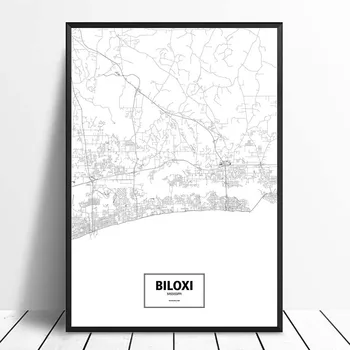 

BILOXI, MISSISSIPPI, UNITED STATES Black White Custom World City Map Posters Canvas Prints Nordic Style Wall Art Home Decor