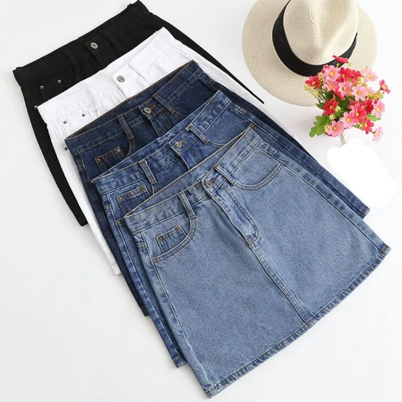 

Denim Skirt Women Mini Jeans Skirt 2019 Spring Summer High Waist White Black Blue Vintage Skirts Female Mini Saia Plus Size XXXL