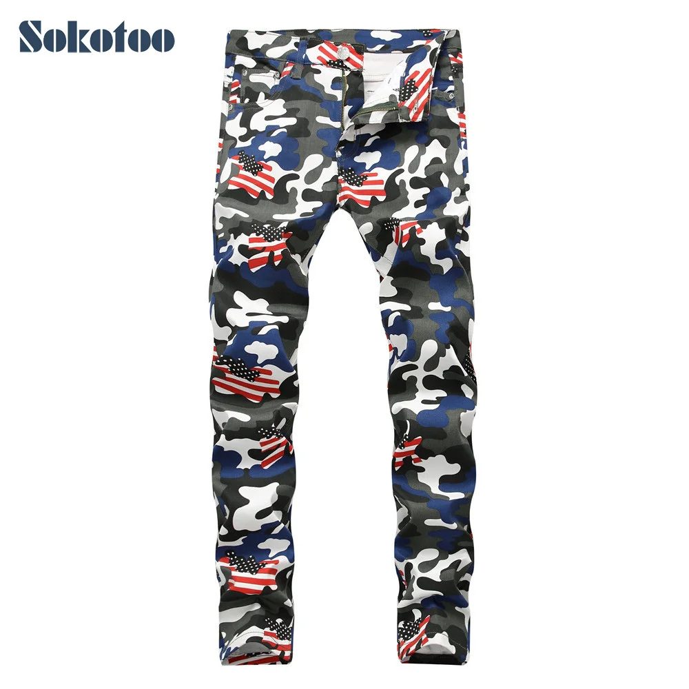 Sokotoo Men's camouflage American flag printed jeans Fashion slim fit colored painted denim pants Sokotoo Men's camouflage American flag printed jeans Fashion slim fit colored painted denim pants