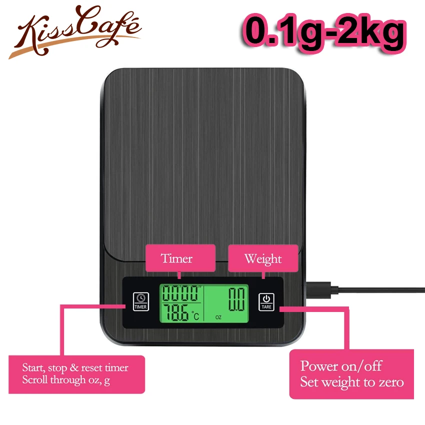 

2kg / 0.1g Household Electric Scale Portable Drip Coffee Scale with Timer Electronic Weighing Bar Kitchen High Precision LCD