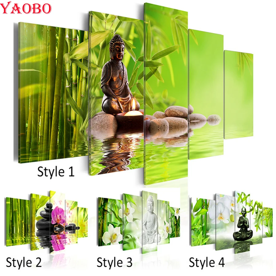 

5 Panel Buddha Wall Art diy 5d full embroidery Spa Stone Bamboo Orchid diamond painting square round drill paint with diamonds