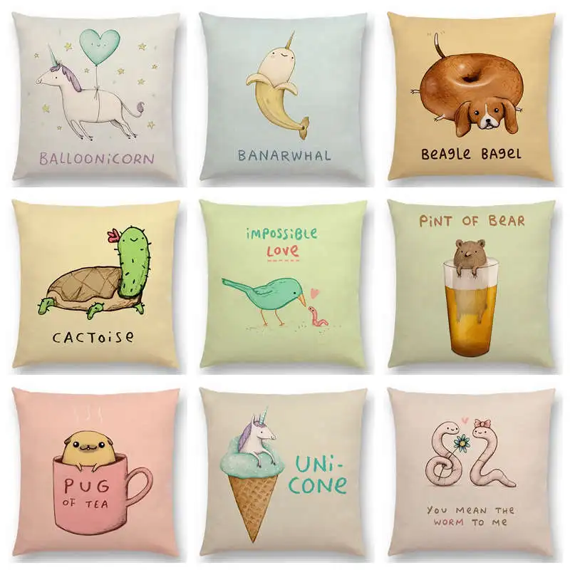 

Super Cute Cartoon Animals Funny Nickname Unicorn Narwhal Dachshund Pug Flamingo Cushion Cover Home Decor Sofa Throw Pillow Case