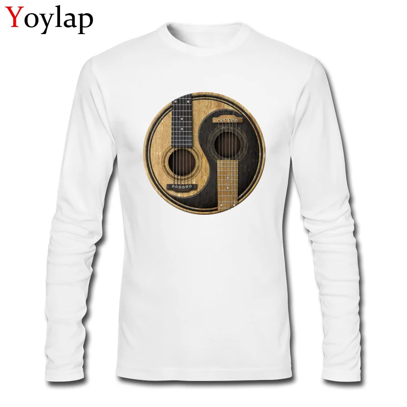 T-shirts Long Sleeve Summer Fitted Custom Round Collar 100% Cotton Student Summer Autumn Tops Tees Summer Tee Shirts Old and Worn Acoustic Guitars Yin Yang white