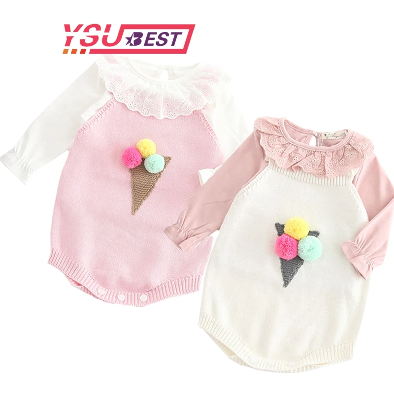 

Fashion Knitted Baby Romper Girls Overalls Autumn Spring Toddler Jumpsuit Baby Girl Clothes Embroidered Ice Cream Style Rompers