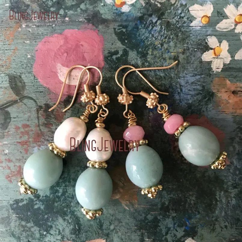 

Pink and Robins Egg Blue Amazonite Stones Earrings Spring Shabby BoHo Glam Gold Accent Earrings Mint and Pearls Earrings ER1453