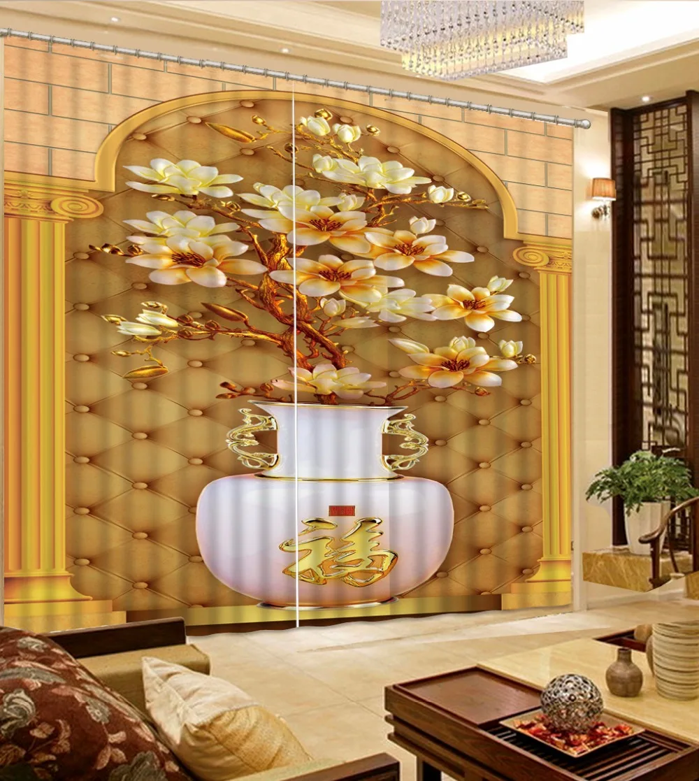 

3D Curtains Jade carving vase Window Curtain Living Room 3D Curtains For Bedroom European Style Curtains