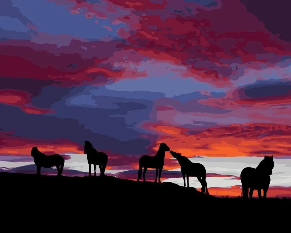 MaHuaf-j422 Silhouette Of Horses At Night Iceland Set for drawing by numbers art animal pictures for living room home decor 