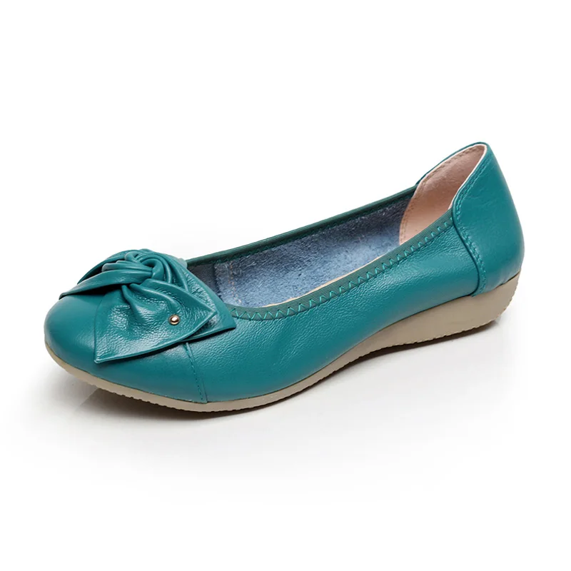 OUKAHUI/летние классические балетки на плоской подошве женская обувь из натуральной кожи с бантом и мягкой подошвой размера плюс, удобная женская обувь для отдыха - Цвет: Green