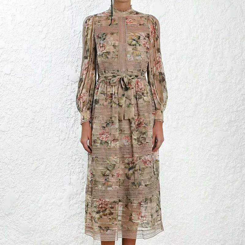

2019 ZIM Designer Spring Runway Dress Women Vintage Floral Print Lantern Sleeve Maxi Dresses Female Elegant Party Dress Vestido