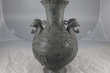

Chinese Royal Palace Old Copper Bronze Longevity Phoenix Bird Ears Zun Pot Vase