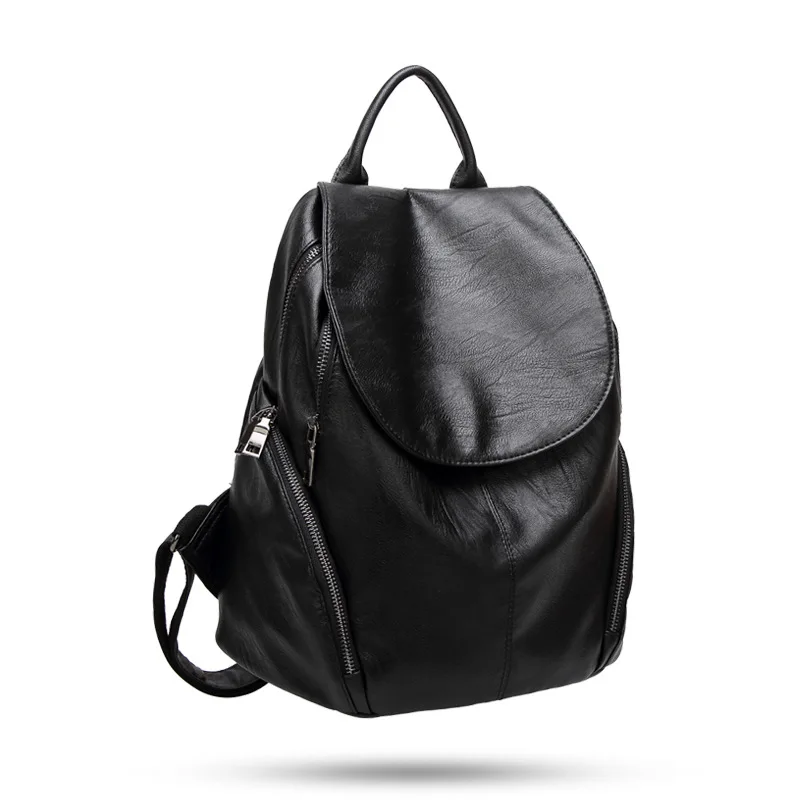 Pюкзак женский Модный повседневный мягкий рюкзак из натуральной кожи, Женский Классический рюкзак однотонный, для путешествий, Противоугонный, высокая емкость - Цвет: Черный