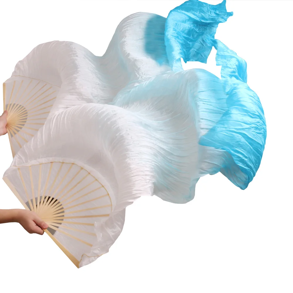 

New Arrival 2018 High Quality 100% Real Silk Fabric Fans 1 Pair Handmade Women Silk Belly Dancing Fans White + Turquoise 180*90