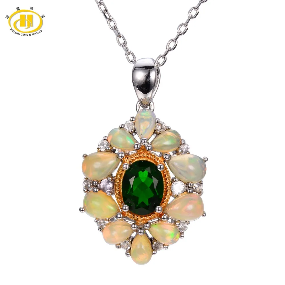 

Hutang 3.74ct Natural Chrome Diopside & Opal Solid 925 Sterling Silver Pendant Necklace Gemstone Fine Jewelry Women's 11.11