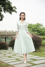 2016 Autumn Women dress Vintage Retro Embroidery Elegant Three Quarter Sleeve Belt Midi Tunic Vestidos