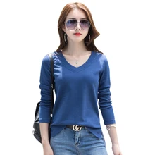 Женские футболки с длинным рукавом, Хлопковые женские рубашки с v-образным вырезом, модные женские футболки, однотонные Женские топы с разрезом# KQ1841-1