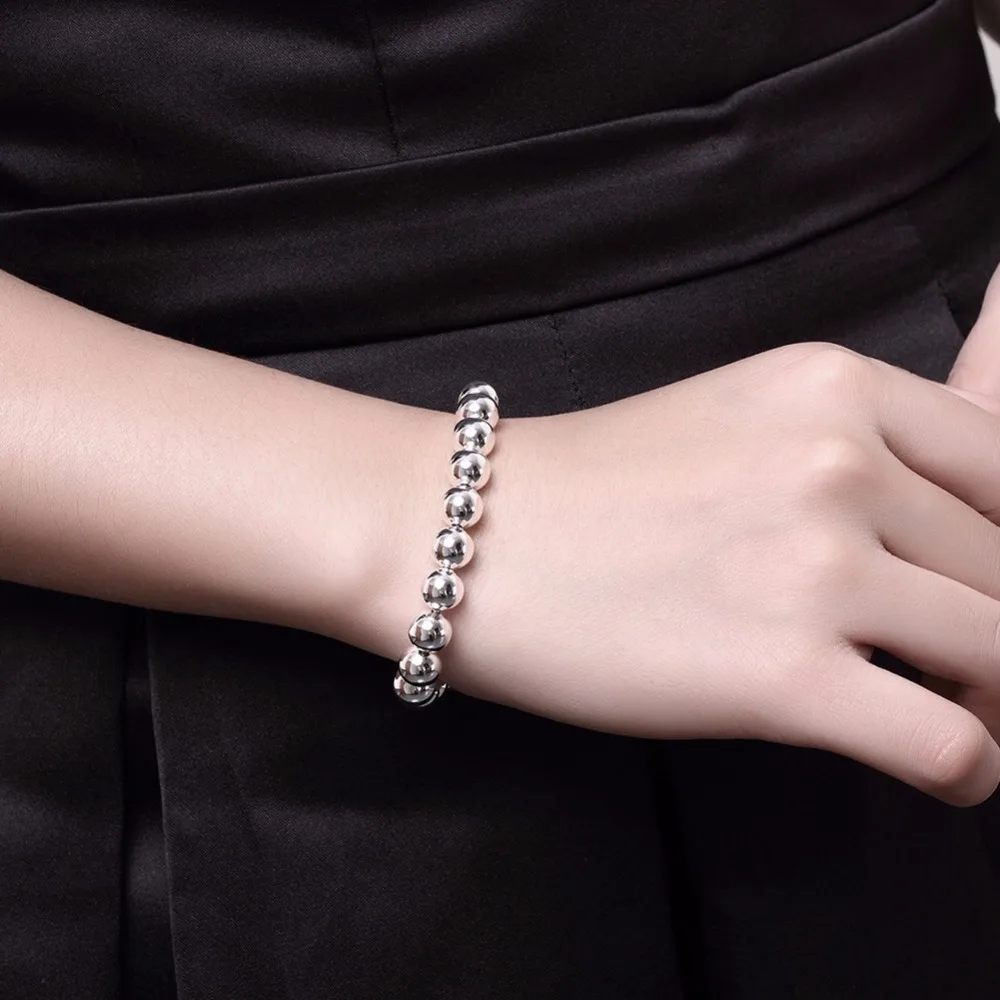 925 штампованный посеребренный браслет модное ювелирное изделие 8 мм полый/твердый четочный шар бусина, жесткий браслет Высокое качество