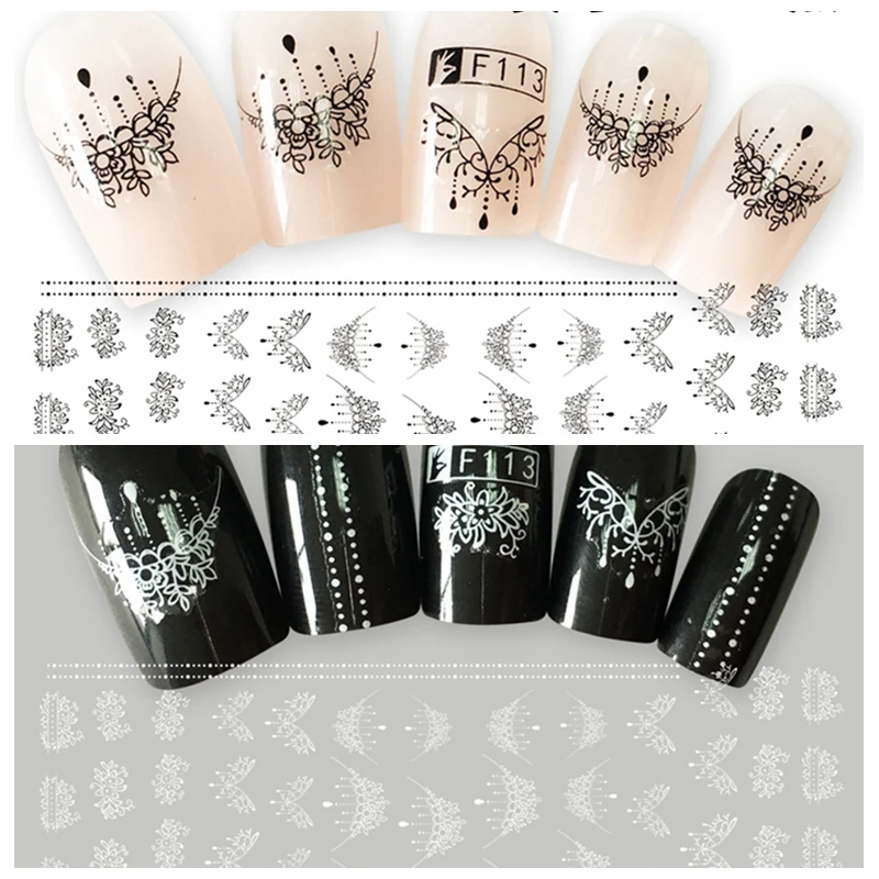 

1 Sheet 3D Black White Floral Crown Necklace Line Drawing Pattern Adhesive Nail Art Stickers Decorations DIY Salon Tips F113#