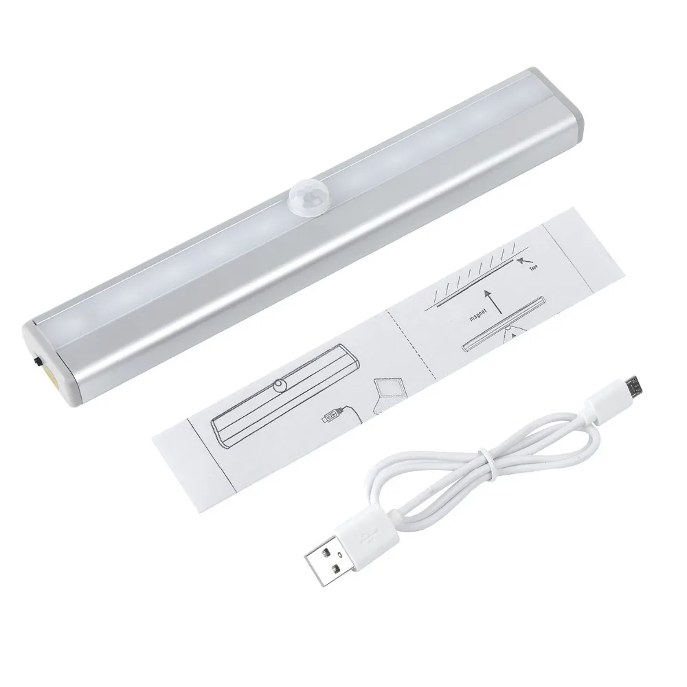USB Перезаряжаемый 10 светодиодный Ночной светильник с датчиком движения, светильник для шкафа, ночника с магнитной лампой