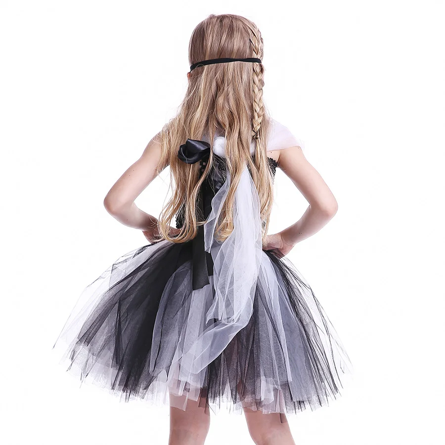 Kids Halloween TUTU Dress Girls Black White Tulle Costume with Pumpkin Mask (9)