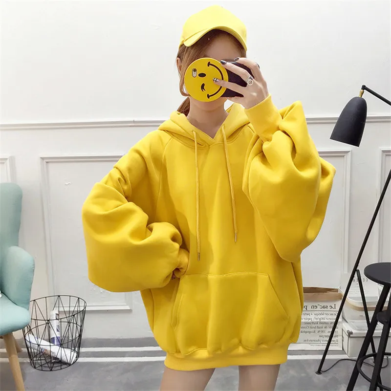  2018 New Casual Loose Hoodies Fashion Women's Solid Color Jumper Hooded Long-sleeved Lantern Sleeve