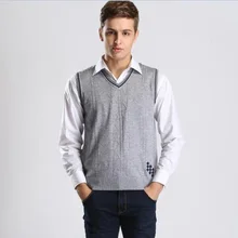 Осень мужской клетчатый шерстяной свитер, жилет Повседневное платье без рукавов с v-образным вырезом, кашемировый свитер