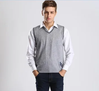 

Autumn men plaid wool sweater vest casual v-neck sleeveless cashmere sweater