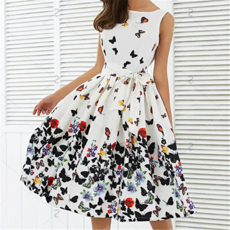 

2019 New Summer Womens Ladies Printed O-Neck Dress Sleeveless Evening Party Midi Dress