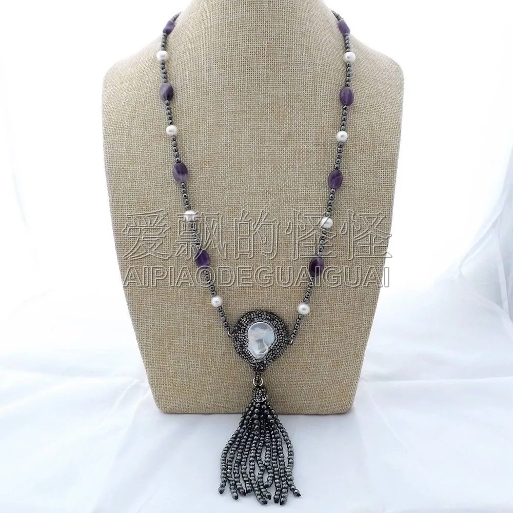 

N112404 27" White Pearl Hematite Necklace Keshi Pearl Pendant