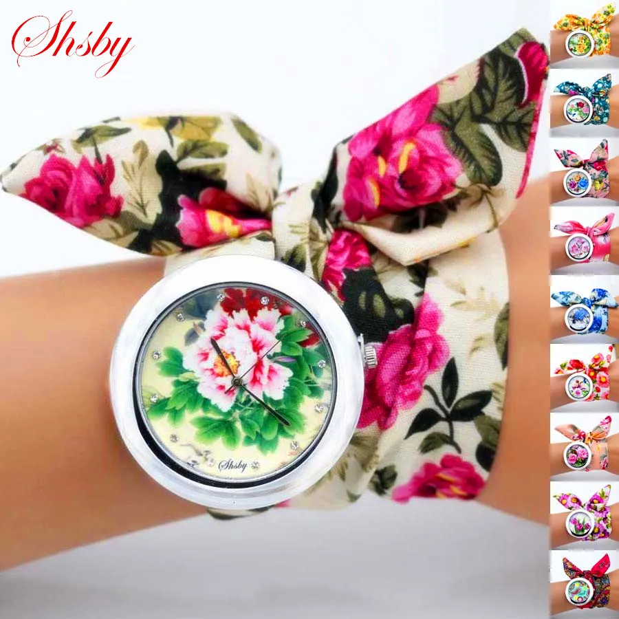 

Shsby design Lady flower cloth wristwatch fashion women dress watch fabric watch sweet girls Bracelet watch 10 watches wholesale